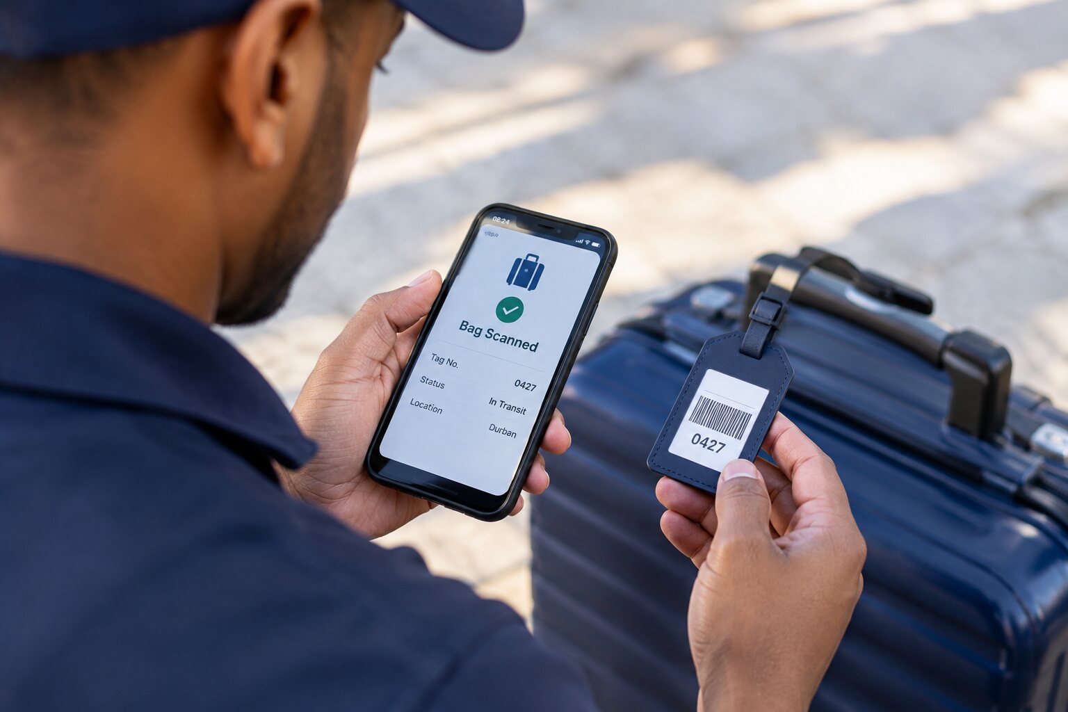 Luggage tag being attached to a suitcase